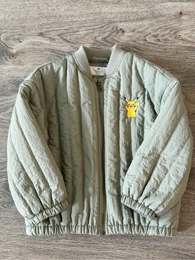 Pikachu Sage Green Quilted Kids Bomber Jacket